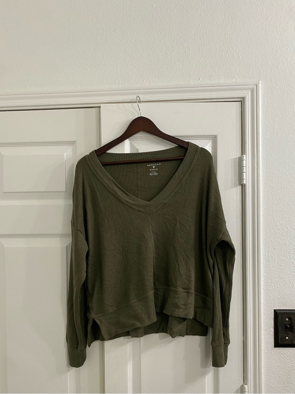 American Eagle Outfitters Olive Green V-Neck Waffle Knit Sweatshirt